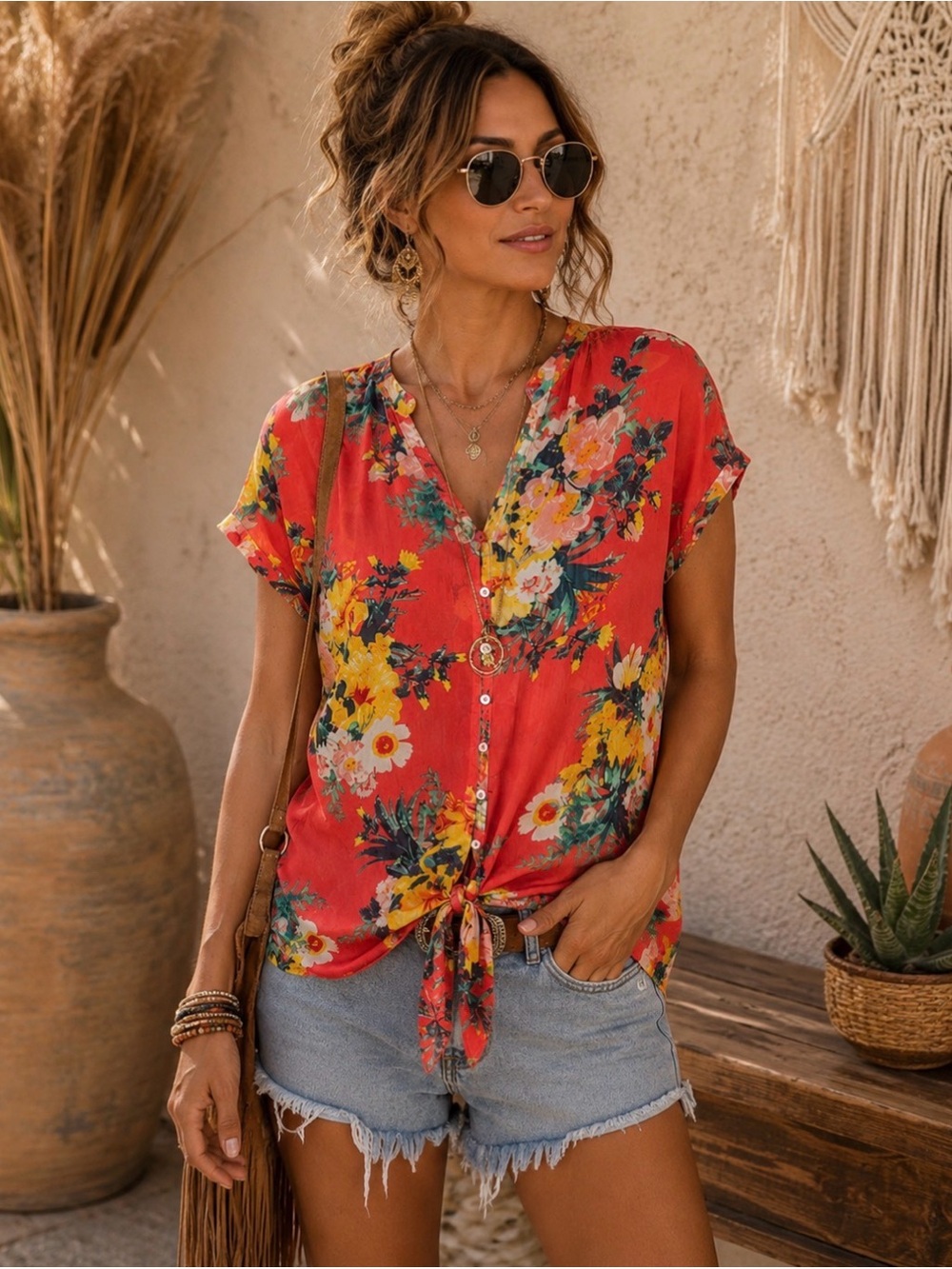 new directions Coral-Pink‎ Floral Button Front Top